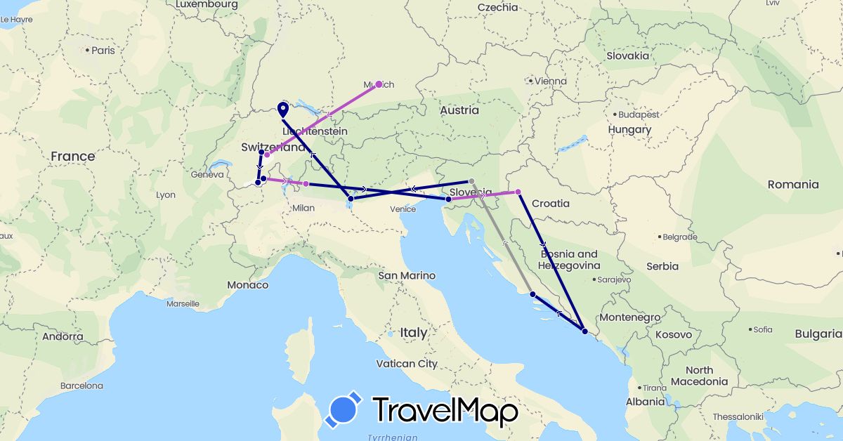 TravelMap itinerary: driving, plane, train in Switzerland, Germany, Croatia, Italy, Slovenia (Europe)